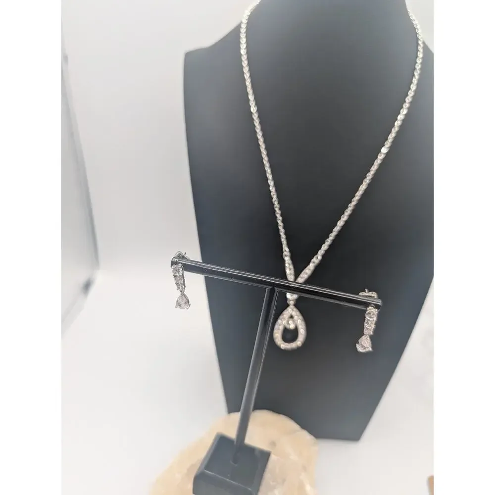 Elegant Silver Tone Teardrop Clear CZ Dangle Necklace & Earring Set Bridal Prom